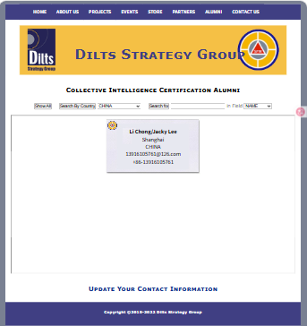 DSG 官网 Alumni 页面截图:国家筛选 CHINA 后唯一显示 Li Chong / Jacky Lee, Shanghai, China