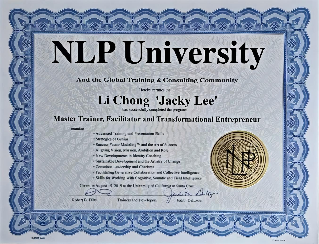 NLP University 颁发的 Master Trainer, Facilitator and Transformational Entrepreneur 集体智慧认证证书