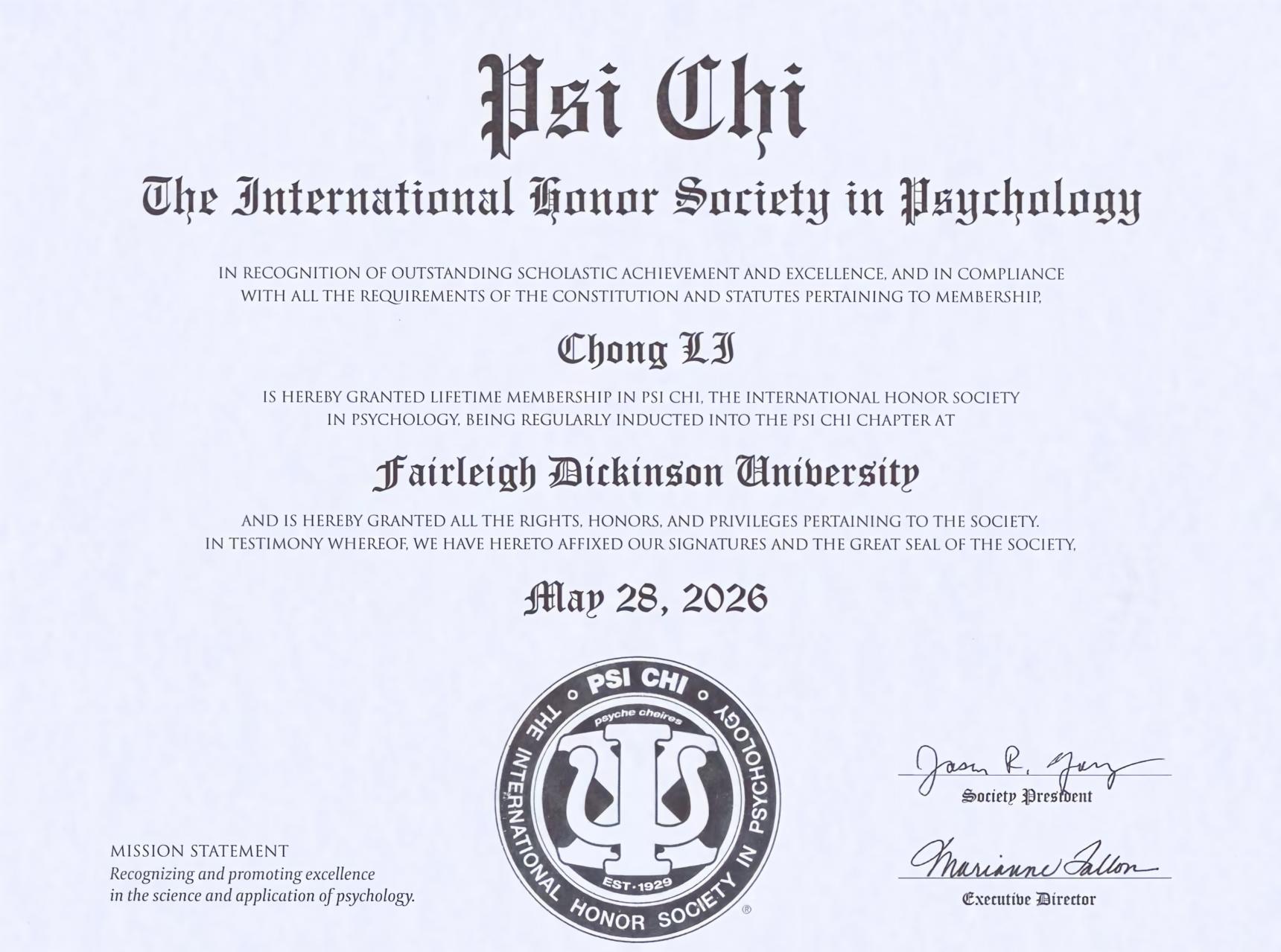 Psi Chi 国际心理学荣誉学会（The International Honor Society in Psychology）终身会员证书